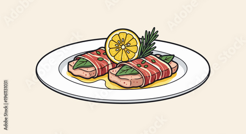 Two portions of food wrapped in bacon and herbs, garnished with lemon
