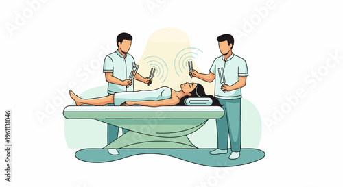 Two therapists use tuning forks on a woman lying on a massage table
