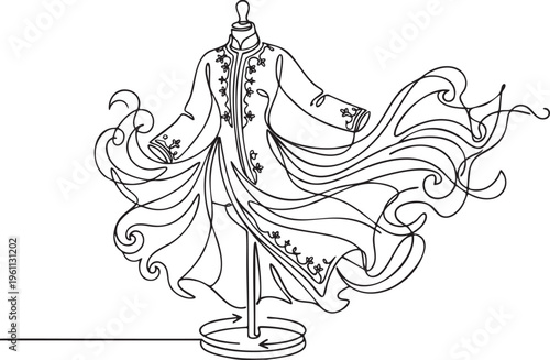 Continuous single black line drawing of Algerian Grand Kaftan on a rotating simple dummy with rich fabric making dramatic swirls