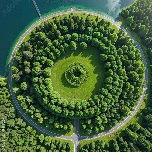 Aerial view of a forest circle with a road surrounding, and lake