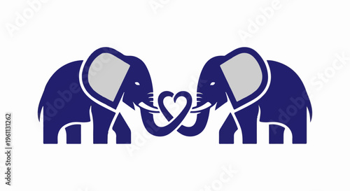 Two stylized blue elephants with grey ears form a heart with their trunks
