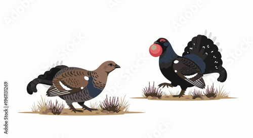 Two stylized birds, one black with red wattle, one brown, stand in sparse vegetation