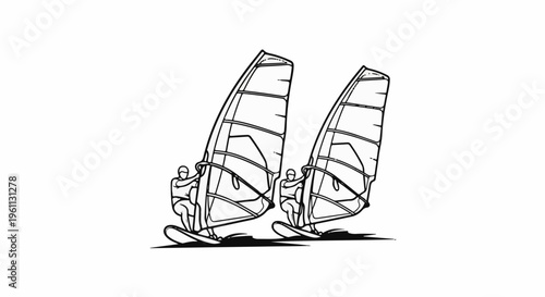 Two windsurfers outlined against a white background, engaged in sport