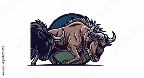 Two wildebeest locked in a fierce head-to-head stance, ready to charge