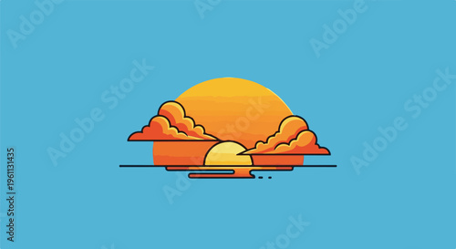 Stylized sunset with orange clouds over a calm, blue body of water