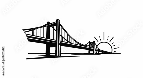Stylized suspension bridge and sunburst graphic on a white background