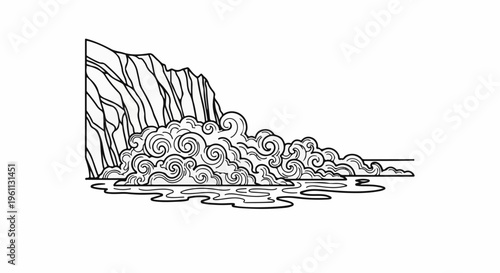 Stylized, swirling clouds cascade down a rocky cliff face onto water