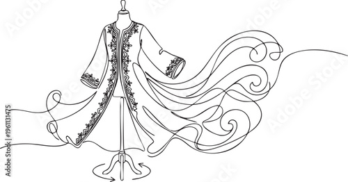 Continuous single black line drawing of Algerian Caftan with embroidery on a spinning simple dummy with robe making big swirls in wind.
