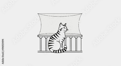 Stylized tabby cat sits elegantly on a railing behind a patterned screen