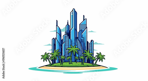 Tropical island city with palm trees and modern skyscrapers