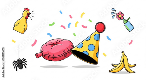 Colorful party elements with confetti hat chicken spider and fruit on white background for celebration concept
