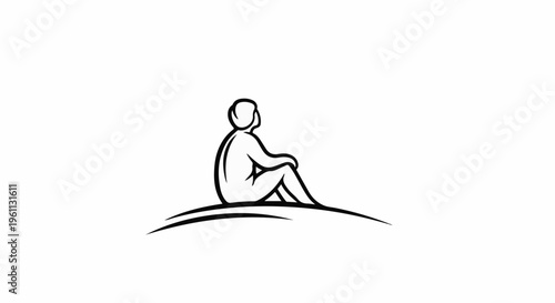 Stylized person sitting on a curved hill, looking up
