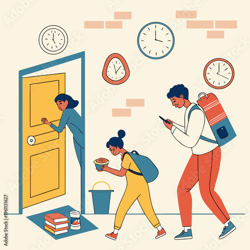 Family going out the door with clocks on the wall