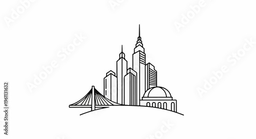 Stylized urban skyline with a suspension bridge and domed building