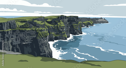 Stylized pixel art depiction of rugged, green-topped cliffs meeting the blue sea