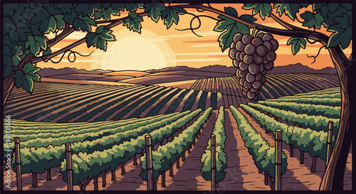 Stylized pixel art vineyard at sunset with rolling hills and sun