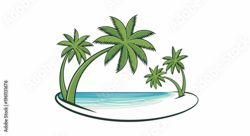 Tropical island scene with palm trees and ocean waves