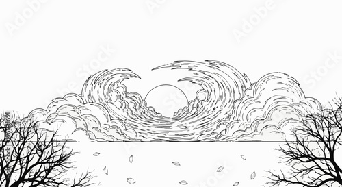 Stylized waves and bare trees frame a central sun during autumn
