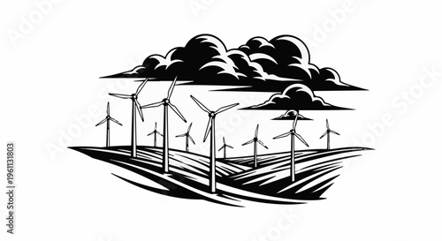 Stylized wind turbines on rolling hills under dramatic clouds