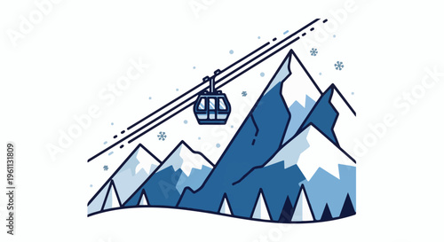 Stylized winter mountains with a cable car ascending slopes