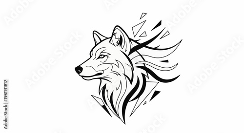 Stylized wolf head with abstract geometric elements in black and white