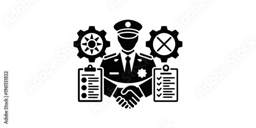 Quadro su tela A minimalist vector graphic of a police officer shaking hands with gears and che
