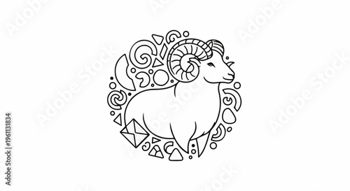 Stylized ram outline surrounded by abstract circular decorative elements