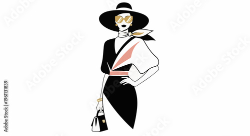 Stylized woman in wide-brim hat, sunglasses, and scarf, carrying a purse