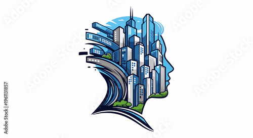Stylized profile filled with a cityscape and roads