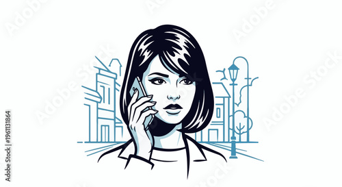 Stylized woman talking on phone amidst city buildings and street lamp