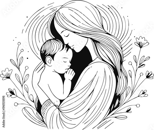 Artistic line drawing of mother embracing baby with flowing hair and floral wreath