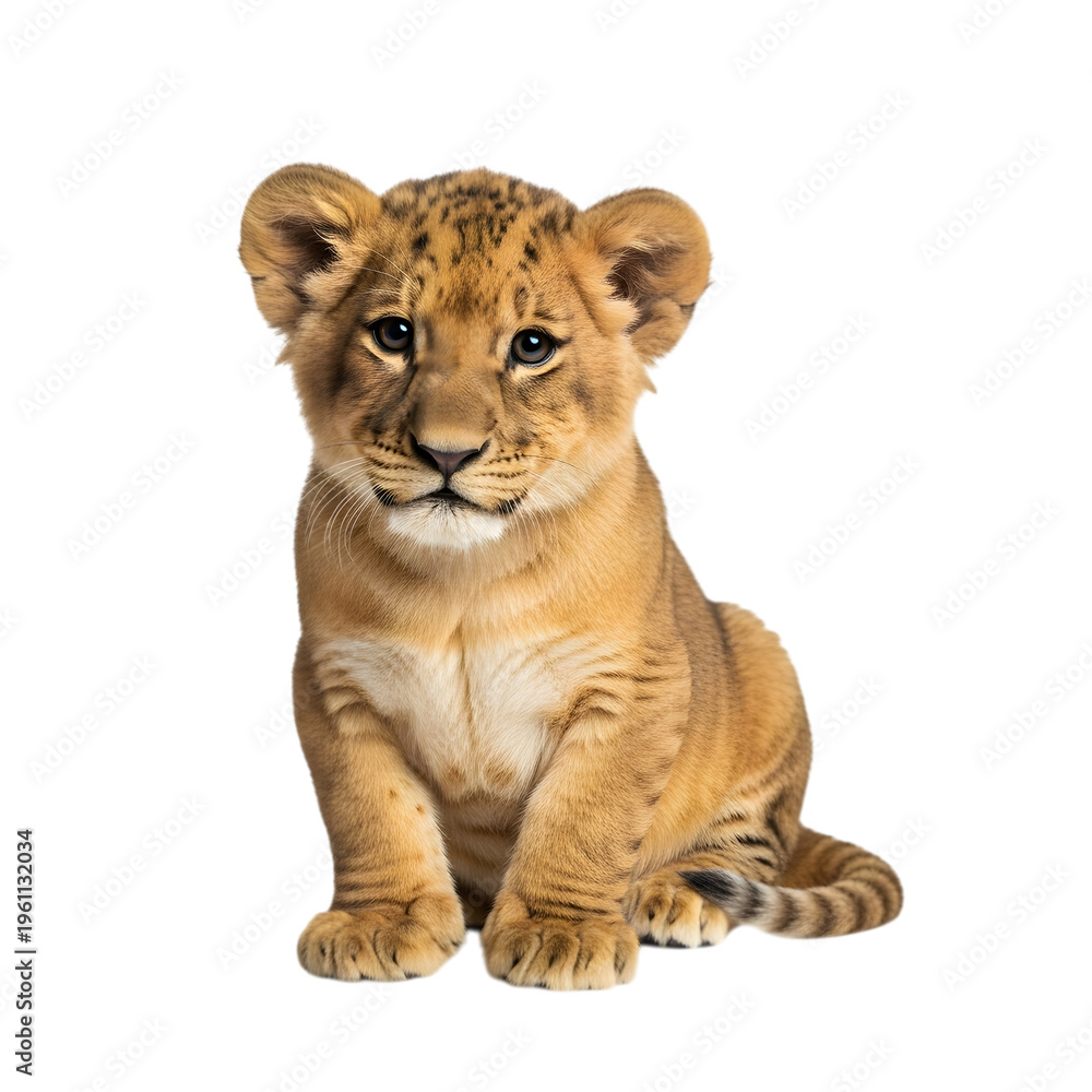 Obraz premium Adorable lion cub sitting on black background