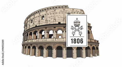Stylized Roman Colosseum structure with a coat of arms featuring keys and crown