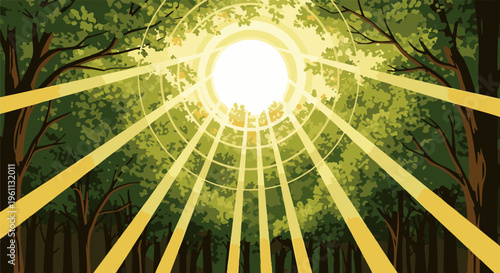 Sunbeams pierce through the dense green forest canopy overhead