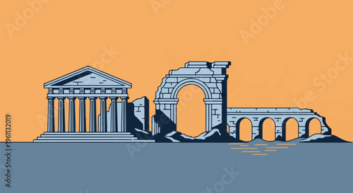 Stylized ruins of ancient structures against an orange sky