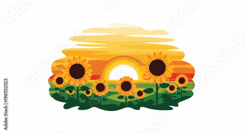 Sunflowers bloom in a vibrant field against a fiery sunset sky