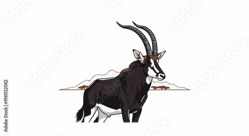 Stylized sable antelope with curved horns stands in a savanna landscape