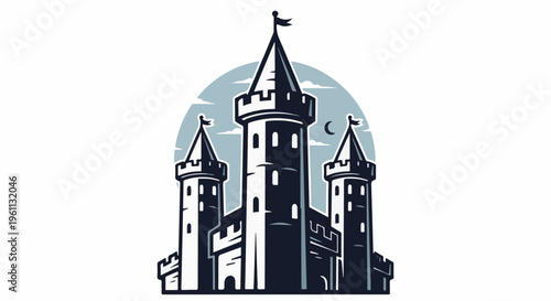 Stylized medieval fortress with three towers under a crescent moon
