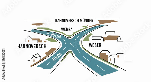 Stylized map of river confluence with minimalist buildings and text