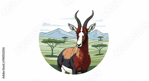 Stylized savanna scene with a bontebok in foreground and mountains