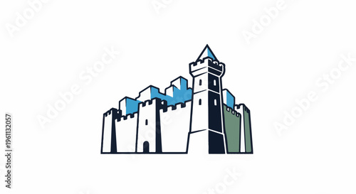 Stylized medieval fortress with towers and crenellated walls