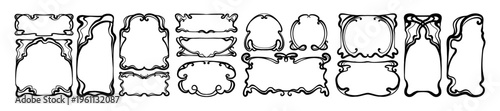 Art nouveau frame set, hand drawn vintage swirl decoration border elegant antique wedding invitation. Ornamental organic line banner, classic floral background empty box. Art nouveau silhouette print