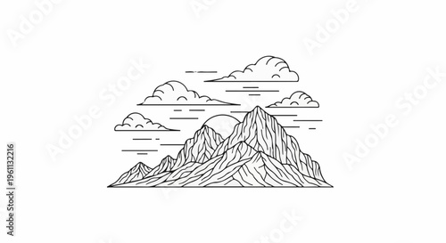 Stylized mountain range with clouds and a setting sun behind peaks