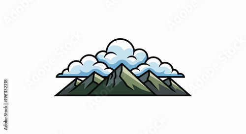 Stylized mountain range with fluffy clouds above