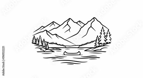 Stylized mountain range with lake and canoe
