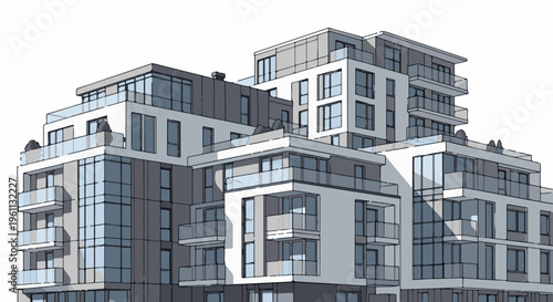 Stylized sketch of a modern, multi-level apartment building with balconies
