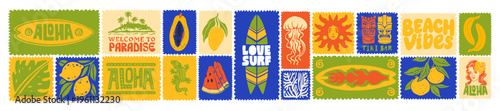 Summer tropical mail stamp, hand drawn vintage exotic vacation sticker set, paradise travel postmark. Aloha island holiday print, ocean surfboard sign fruit silhouette. Coastal summer stamp collection