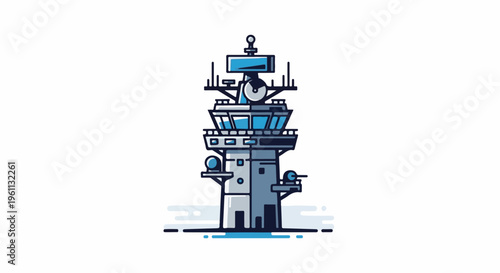 Stylized illustration of a multi-level naval ship's control tower