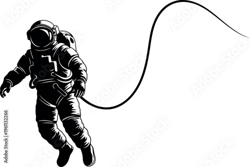 Astronaut floating in space with tether line attached isolated on transparent background