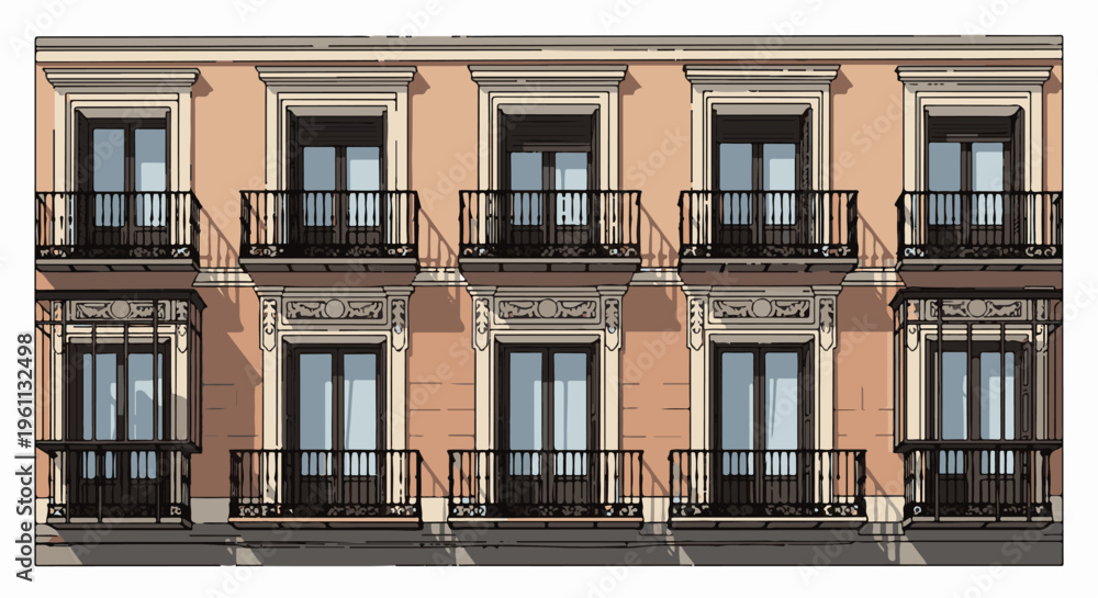 Fototapeta premium Stylized illustration of a multi-story building facade with ornate balconies and windows